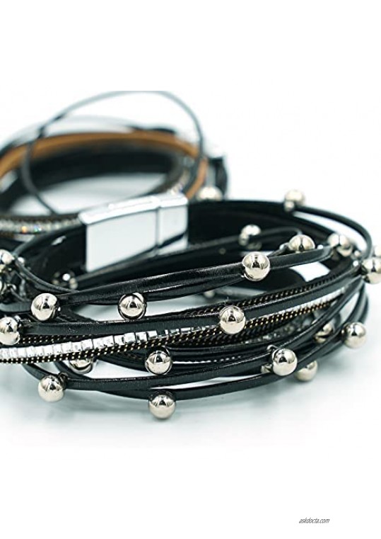 Leather Wrap Bracelets with Silver Beads for Women Bohemia Magnetic Clasp Multi-Layer Charm Cuff Bracelet for Women Gift