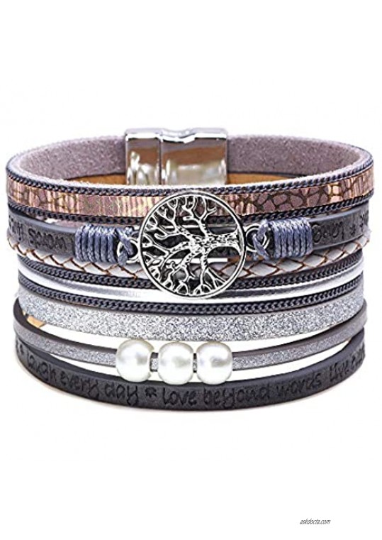 León Jewelry Boho Style Multiple Rows Bracelet Women Girls Leather Cuff Multilayers Wrap Tree of Life Emblem Pearls Magnetic Buckle Wide Wristband Bangle