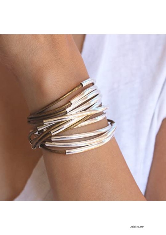 Lizzy Classic Metallic Bronze Leather and Silver Wrap Bracelet Necklace