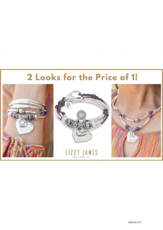 Lizzy James Minnie Silver and Amethyst Wrap Bracelet Necklace with Silver Heart Charm Set with Pearl in Metallic Berry Leather