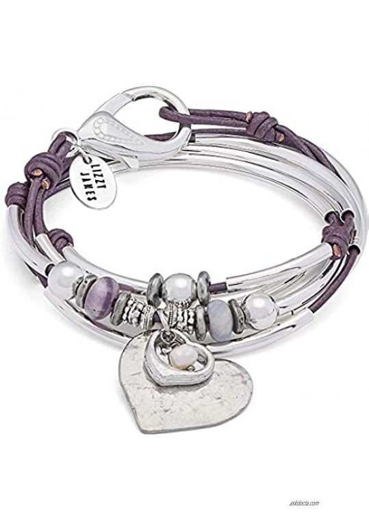 Lizzy James Minnie Silver and Amethyst Wrap Bracelet Necklace with Silver Heart Charm Set with Pearl in Metallic Berry Leather