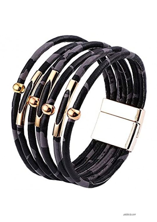 M MOOHAM Leopard Wrap Boho Bracelets for Women - Multi Layered Genuine Leather Bohemian Wrap Leopard Bracelets Handmade Magnetic Clasp Leather Cuff Bracelet Boho Jewelry for Women Girls Teens