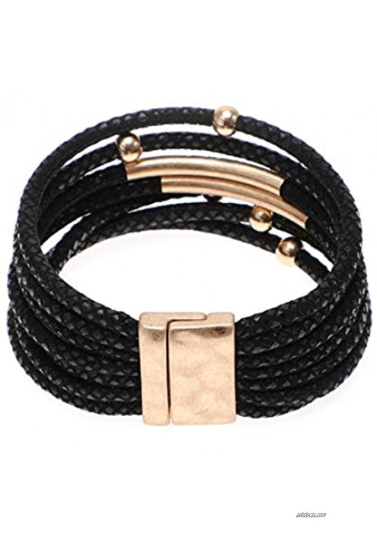 MIRMARU Women’s Leather Bracelets Bohemian Bangle Multi Leather Strands Wrap Bracelets Cuff Wristband with Magnetic Clasp