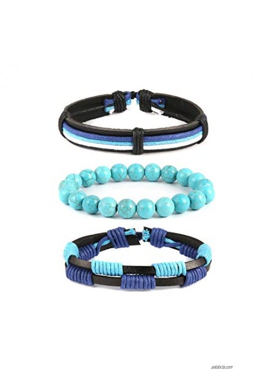 Mix 3 Wrap Bracelets Men Women Ethnic Tribal Blue Bracelets Leather Wristbands