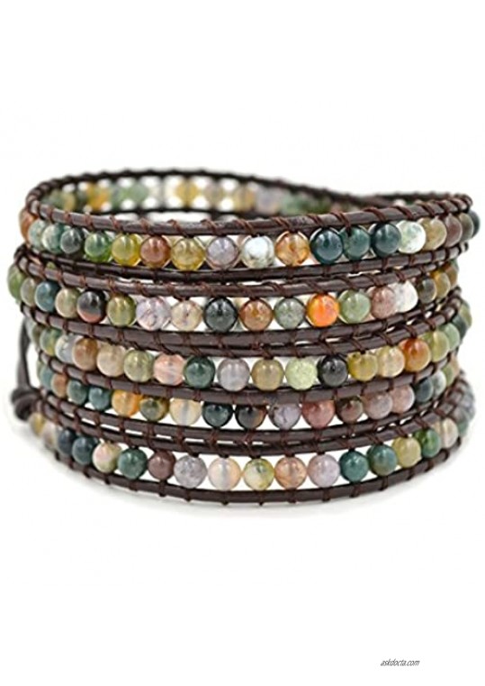 MO SI YI Genuine Leader Bead Wrap Bracelets for Women Girls Men with Multi-Colors 4/6mm Round India Agate Gem/Stone Beaded 2/3/5 Wrapped Adjustable Handmade