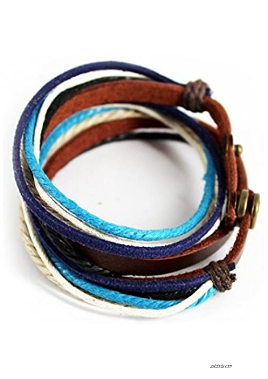 MORE FUN Charm Mens Womens Genuine Leather Bangle Colorful Rope Snap Button Multilayer Wrap Bracelet