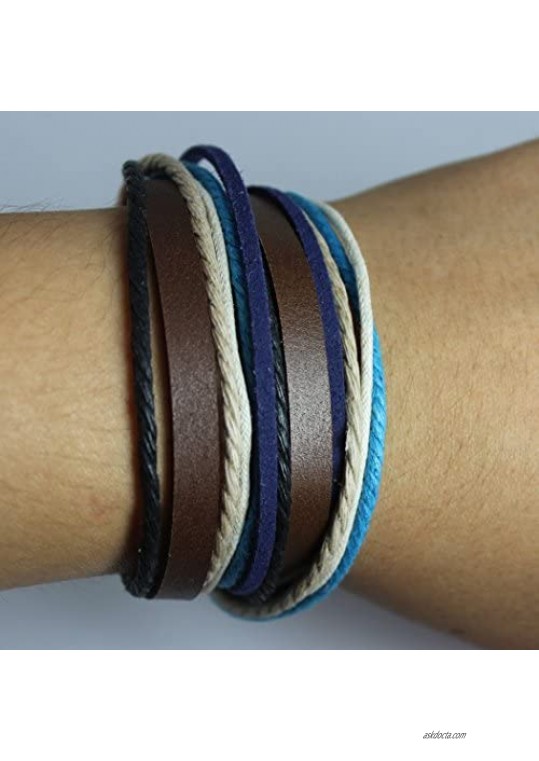 MORE FUN Charm Mens Womens Genuine Leather Bangle Colorful Rope Snap Button Multilayer Wrap Bracelet