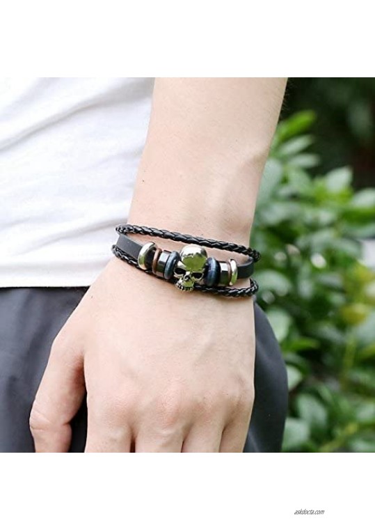 MORE FUN Punk Style Alloy Button Leather Two Black Handmade Braided Rope Bracelet