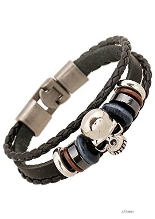 MORE FUN Punk Style Alloy Button Leather Two Black Handmade Braided Rope Bracelet
