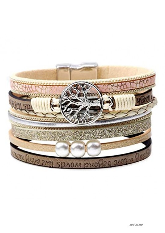 Multilayer Leather Wrap Bracelets Stackable Stainless Steel Magnetic Buckle VSCO Layered Bracelet for Women Girls
