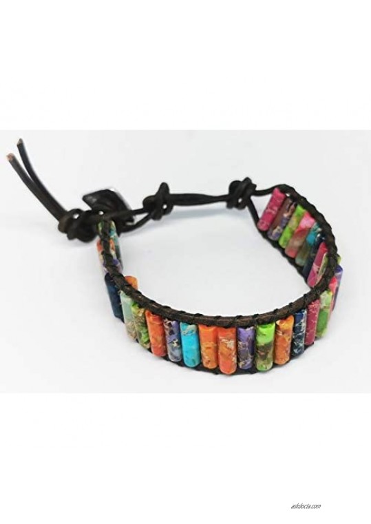 New Handmade Imperial Jasper Beaded Leather Wrap Bracelets for Women Teen Girls Adjustable