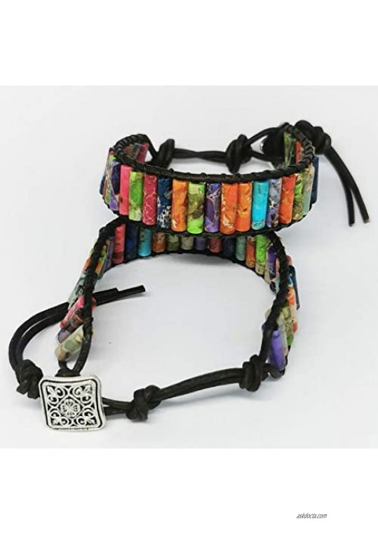 New Handmade Imperial Jasper Beaded Leather Wrap Bracelets for Women Teen Girls Adjustable