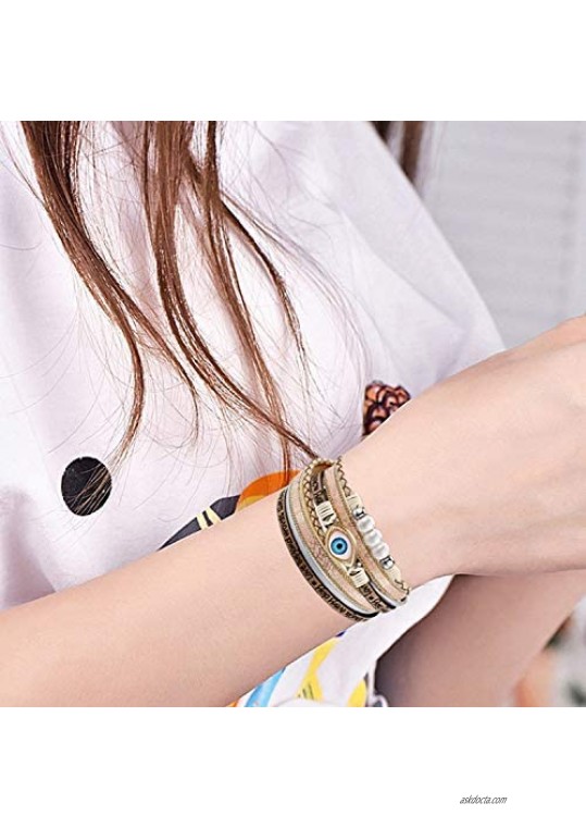 NEWNOVE Evil Eye Leather Bracelets for Women Bohemian Wrap Multilayer Wide Wrist Magnetic Clasp Buckle Casual Bangle Bracelets for Girls Women Birthday Mother's Day Graduation Gifts