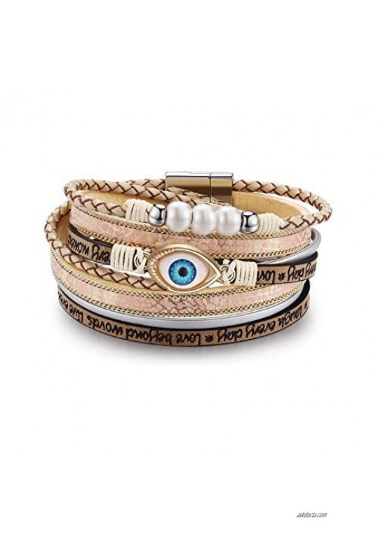NEWNOVE Evil Eye Leather Bracelets for Women Bohemian Wrap Multilayer Wide Wrist Magnetic Clasp Buckle Casual Bangle Bracelets for Girls Women Birthday Mother's Day Graduation Gifts