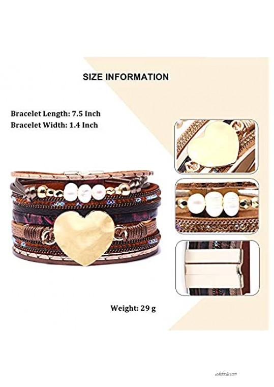 NIDELOO Women Leather Wrap Bracelet Multi-layer Strands Cuff Bracelets Boho Handmade Braided Wrist Bangles Birthday Gift for Teenager Girls Mother Wife Ladies