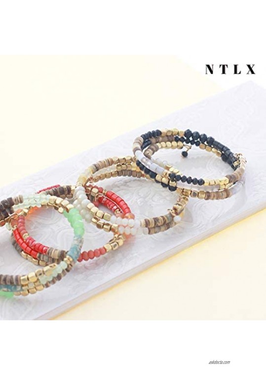 NTLX Multi-Layer Beaded Stackable Wrap Bracelets for Women – Bohemian Boho Bracelets – Multi Color Strand Statement Bangles – Comfortable Adjustable Memory Wire Fit