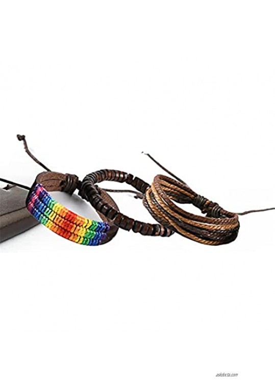 nylry 3PCS LGBT Braided Leather Bracelets for Men Women Boho Wrap Bracelet for Couple Gifts Adjustable Handmade Multilayer Leather Bracelet for Gay&Lesbian