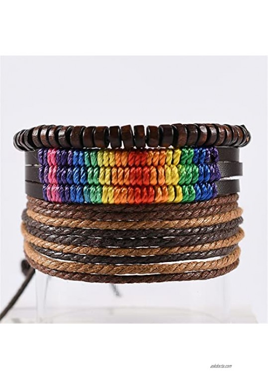 nylry 3PCS LGBT Braided Leather Bracelets for Men Women Boho Wrap Bracelet for Couple Gifts Adjustable Handmade Multilayer Leather Bracelet for Gay&Lesbian