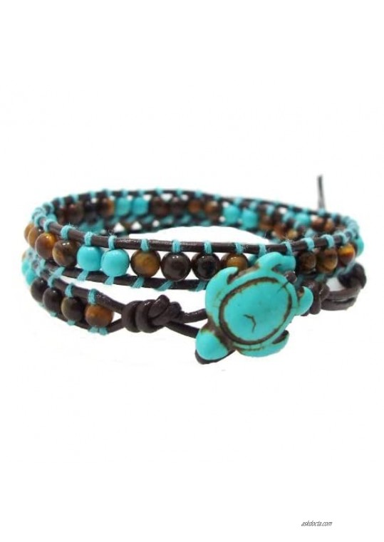 Ocean Sea Turtle Simulated Turquoise and Tiger's Eye Double Wrap Leather Bracelet
