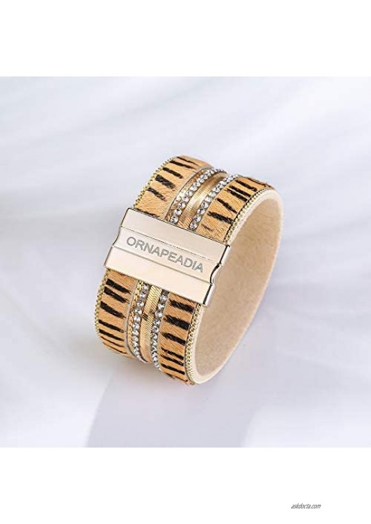 ORNAPEADIA Leather Leopard Print Bracelets Gifts For Women Jewelry Bohemia Style Magnetic Buckle Bangle Boho Wrist Cuff
