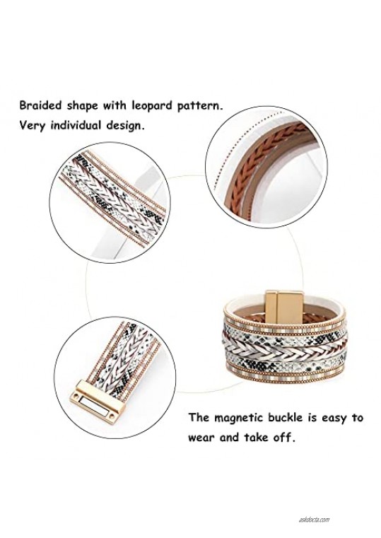 ORNAPEADIA Multilayer Boho Wrap Bracelets for Women Leather Double Wrap Bracelet Beads Boho Wrap Bracelet Magnetic Clasp Cuff Bracelet Bohemian Jewelry Gift for Girls