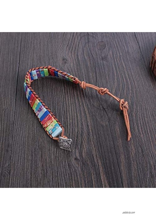 PANYSILVER Vintage Wrap Bracelets Leather Knot Cord Boho Wrap Bangle Jasper Beaded Chakra Color Handmade Bracelets