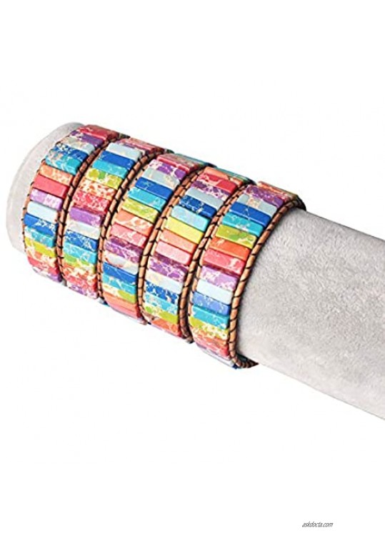 PANYSILVER Vintage Wrap Bracelets Leather Knot Cord Boho Wrap Bangle Jasper Beaded Chakra Color Handmade Bracelets