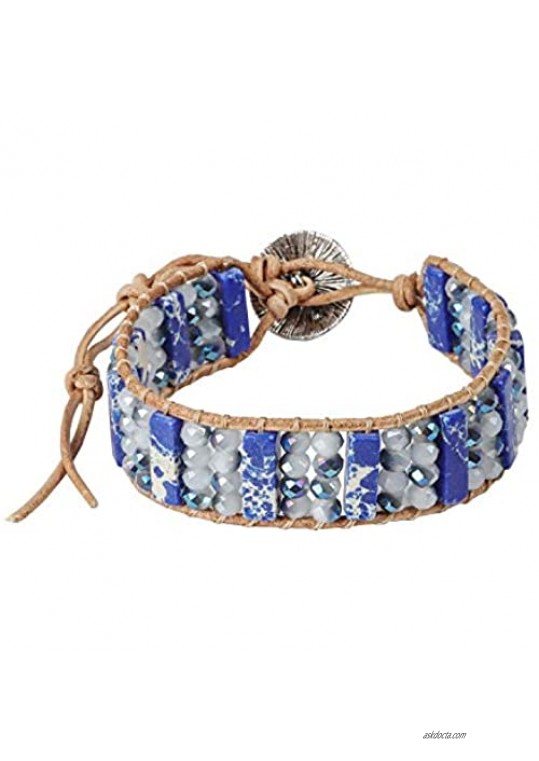 PLTGOOD Boho Handmade Leather Bead Bracelets 7 Chakra Imperial Jasper Wrap Adjustable Healing Crystal Bracelet Friendship Jewelry