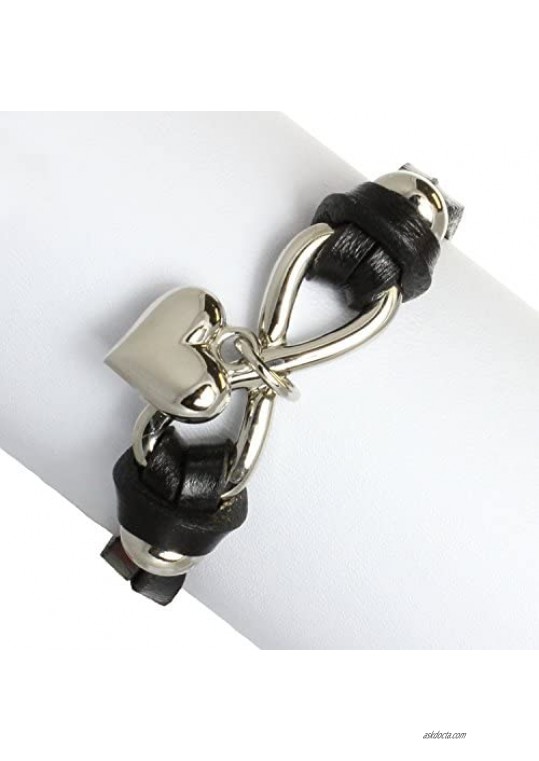 Rhodium Plated Stainless Steel Leather Symbolic Sideways Infinity Sign & Heart Charm Wrap Bracelet