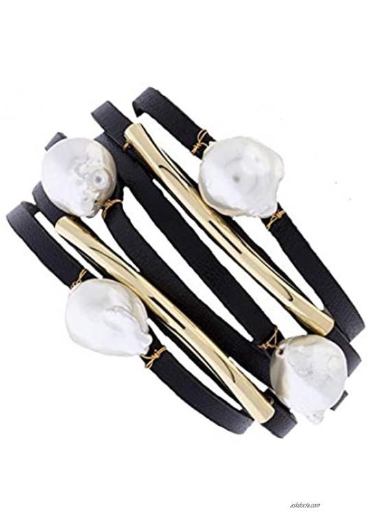 Saachi Multi-Strand Achai Pearl Double Wrap Leather Handmade Bracelet - Black/Pearl