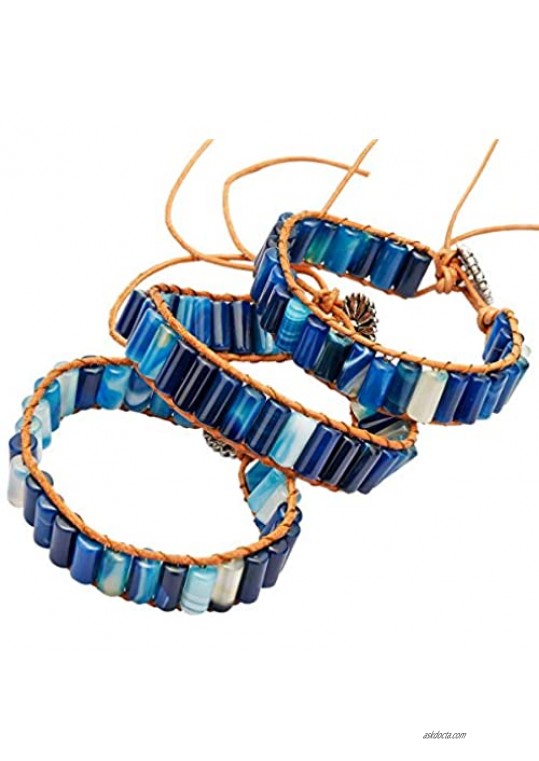 SUNYIK Stone Bracelets for Women Leather Wrap Healing Beaded Adjustable Bracelets for Unisex 8-11