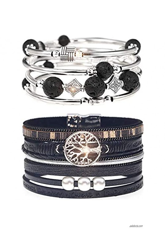 Suyi Multilayer Wrap Bracelet 2 Pieces Tree of Life Leather Bracelet Beads Bangle Bracelet