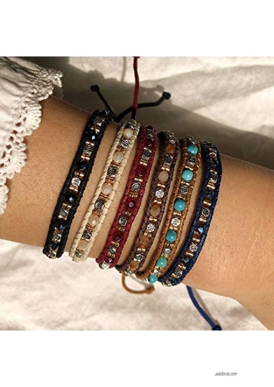 The Woo's Seed Beaded Strand Bracelet Woven Braided Cotton Weave Wax Rope Chain Bohemian Charm Wrap Bracelets Retro Rice Adjustable Rope Ethnic Bangles Handmade Friendship Jewelry for Women Girl