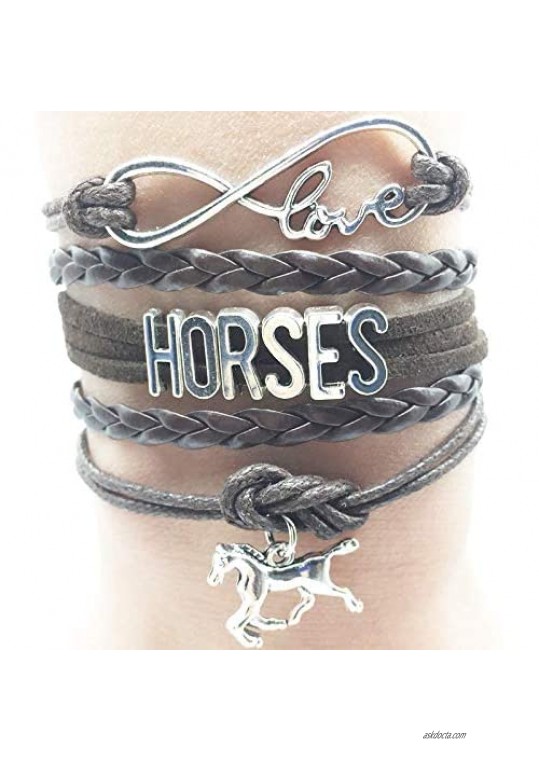 TimeLogo Infinity Love Horses Bracelet-Handmade Leather Strap Wrap Horse Charm Friendship Gift