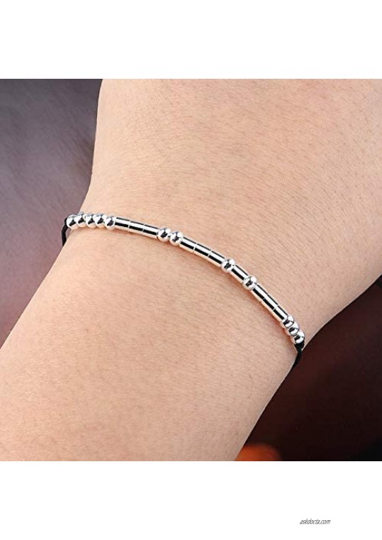 Wovanoo Morse Code Bracelets for Women Inspirational Gifts for Friend Adjustable Silk Sterling Silver Beaded Wrap Bracelet