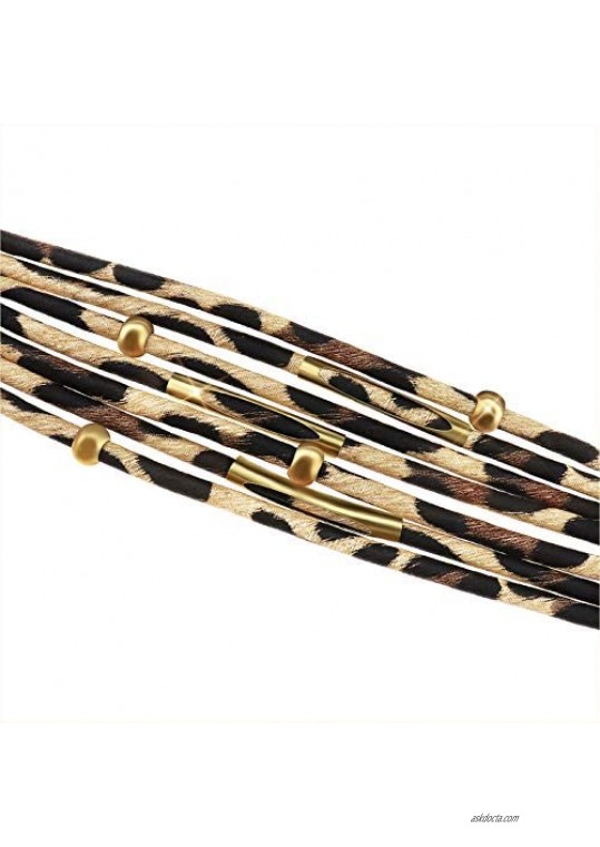 Wowanoo Leopard Bracelet Multilayer Leather Cuff Bracelet Boho Women's Metal Tube Bracelet