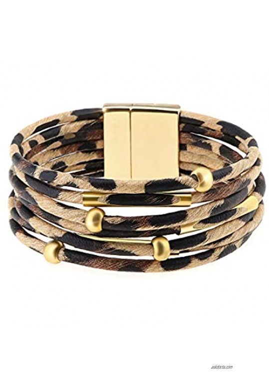 Wowanoo Leopard Bracelet Multilayer Leather Cuff Bracelet Boho Women's Metal Tube Bracelet
