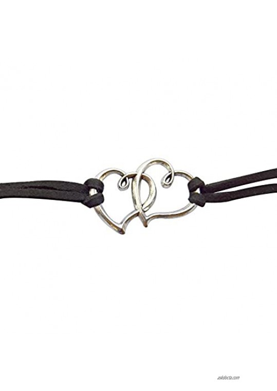Yves Renaud 7.25 Inches Suede Leather Silver Tone Linked Double Heart Love Charm Wrap Bracelet - Fashion Jewelry for Women Girls