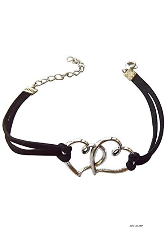 Yves Renaud 7.25 Inches Suede Leather Silver Tone Linked Double Heart Love Charm Wrap Bracelet - Fashion Jewelry for Women  Girls