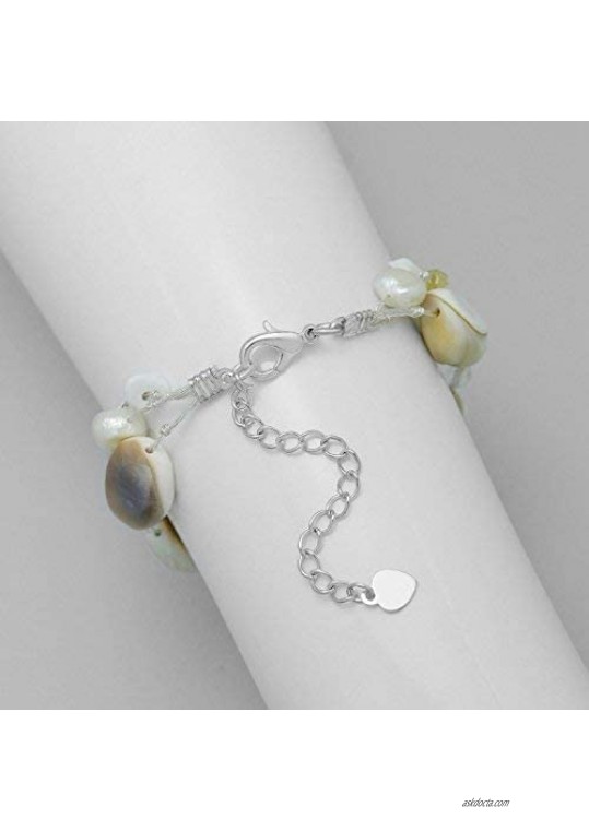 Zinc Metallic Yarn w/Shiva Eye Shell Glass Cultured Freshwater Pearls Wrap Bracelet 7-9 inches