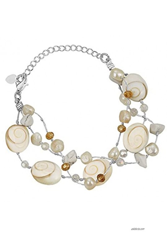 Zinc Metallic Yarn w/Shiva Eye Shell  Glass  Cultured Freshwater Pearls Wrap Bracelet  7-9 inches