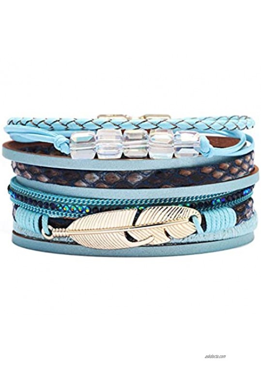 Ztuo Feather Wrap Bracelet Exquisite Handmade Braided Multilayer Leather Magnetic Buckle Bohemian Bangle