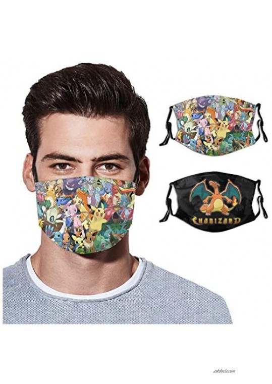 2 Pack Charizard Face Mask with 4 Filters Adult Adjustable Earloop Reusable and Washable Balaclavas Gift