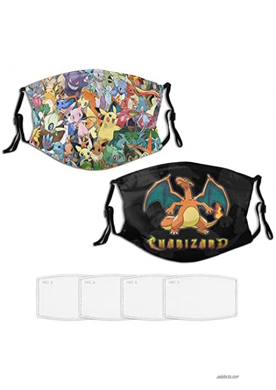 2 Pack Charizard Face Mask with 4 Filters  Adult Adjustable Earloop  Reusable and Washable Balaclavas Gift