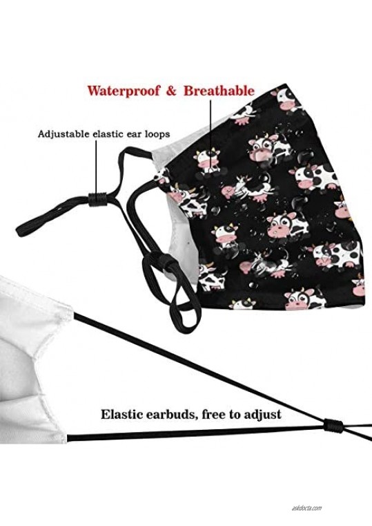 Cute Cartoon Cow Cloth Face Mask with Filter Pocket Washable Face Bandanas Balaclava Dust-Proof Print Reusable Fabric Protection with 2 Pcs Filters Black