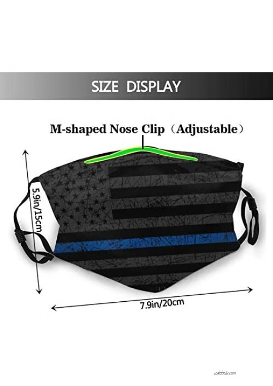 Police Thin Blue Line Face Mask for Adults Washable Reusable Face Bandanas Balaclava with 2 Filters