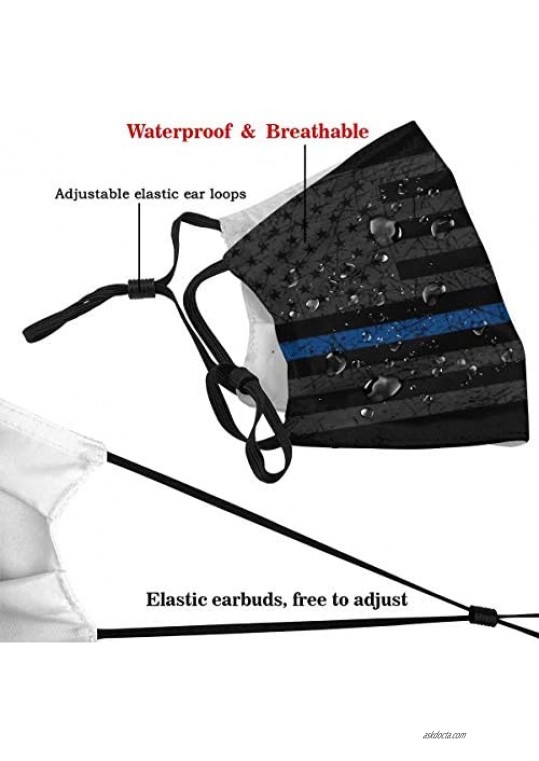 Police Thin Blue Line Face Mask for Adults Washable Reusable Face Bandanas Balaclava with 2 Filters