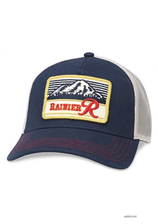 AMERICAN NEEDLE Rainier Beer Baseball Hat  5 Panel Structured Fit with Curved Brim  Adjustable Snapback Trucker Dad Cap  Valin Collection  Ivory/Navy (SMU500C-PBC)