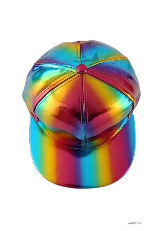 FALETO Adjustable Shiny Holographic Baseball Cap Rainbow Reflective Hip Hop Rave Hat Metallic Casual Cap