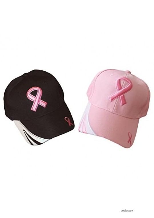 Men's/Women's Pair of Two (2) Breast Cancer Awareness Black & Pink Ribbon Caps Hats